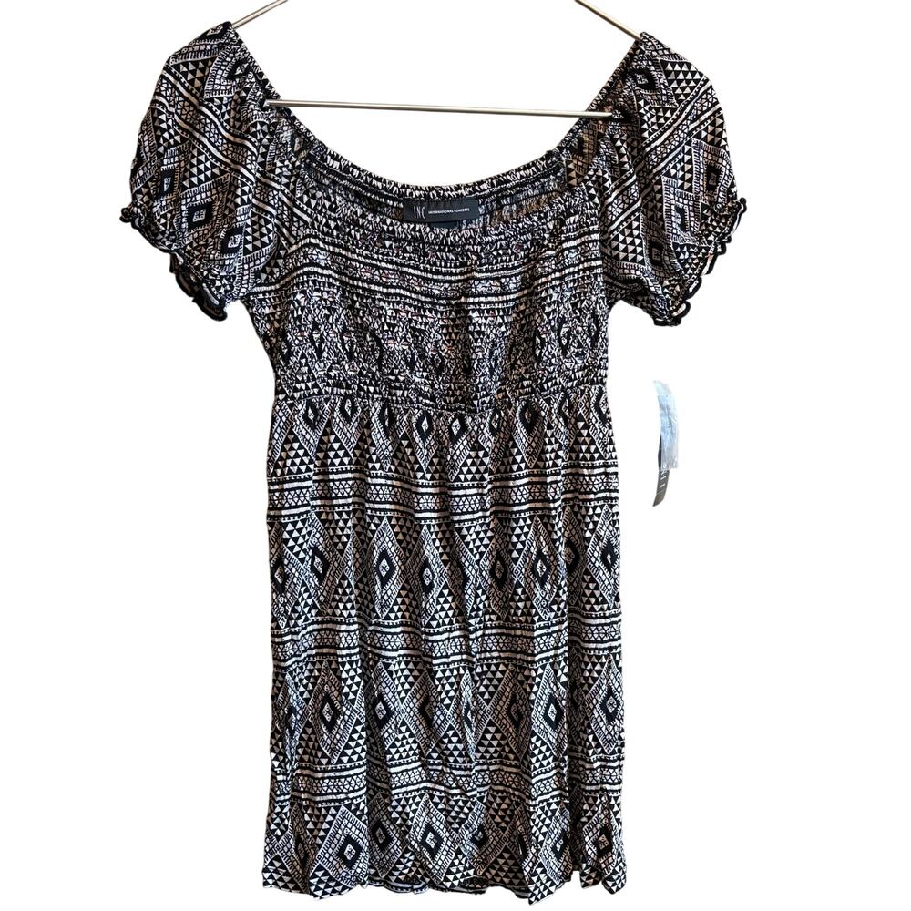 INC Women's Size S Black Tan Geo Print Short Sleeve Square Neck  Blouse